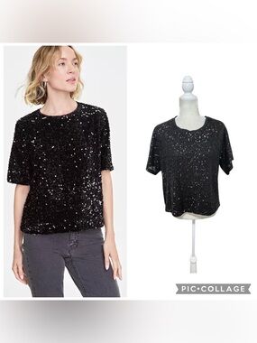 Every Women's Black Sequin Short-Sleeve Round Neck Crop Top Size Medium